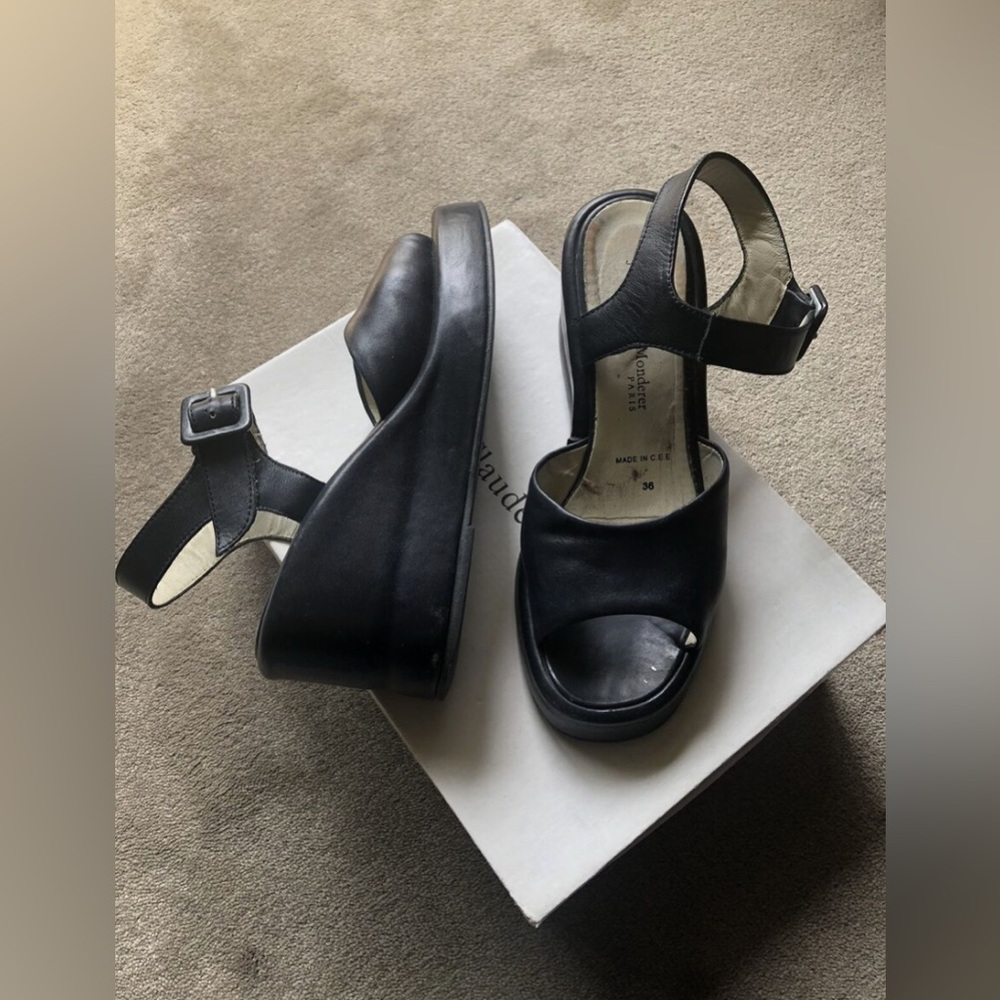 MONDERER Paris France Shoes Sandals 36/37 US 6 6.5 Leather Box Navy Blue 2.75”